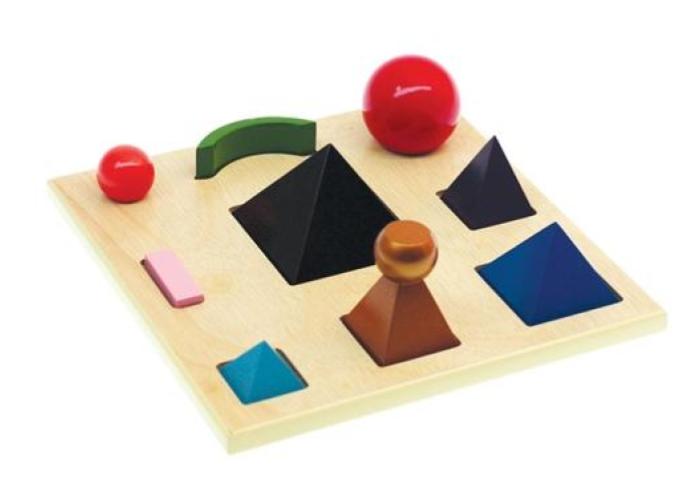 1450-Grammar-symbols-300x216 image Montessori grammar symbols: wooden shapes including pyramids, spheres, a crescent and a bar on a tray